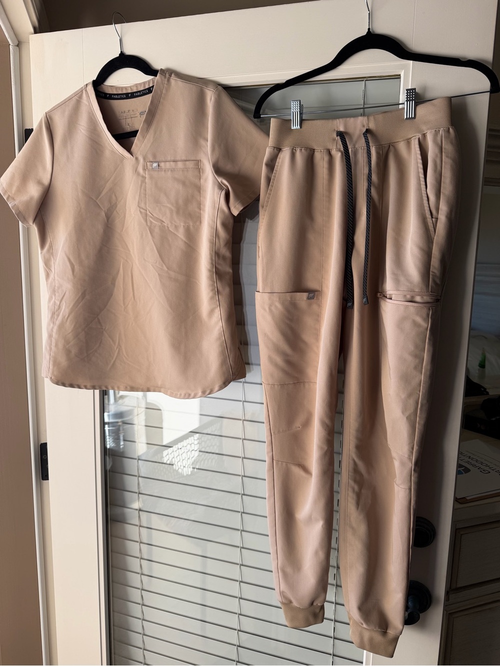 Women’s Fabletics Jogger Scrub Pants (XS) & V-Neck Scrub Top (S) Set - Khaki